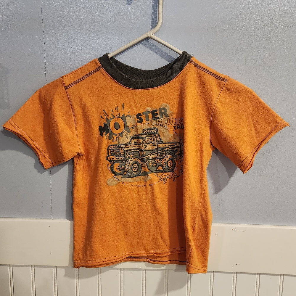 Basic Editions Orange and Olive Tee Y2K Embroidered Graphic Style. Size 4 Boys.